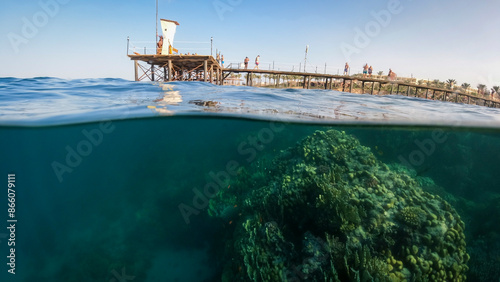 View of the pier with tourists on a sunny day Underwater split shot photos