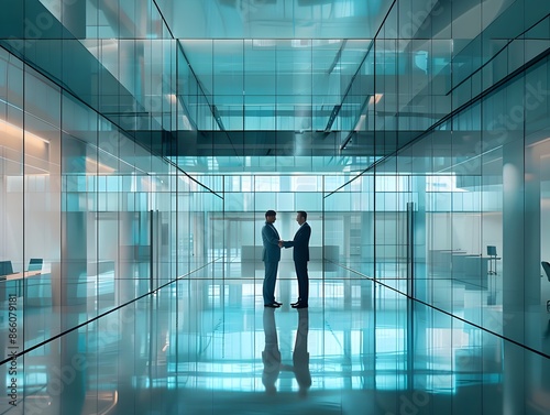 Business Leaders Shaking Hands in Glass Walled Conference Room Sealing a Deal © Thares2020