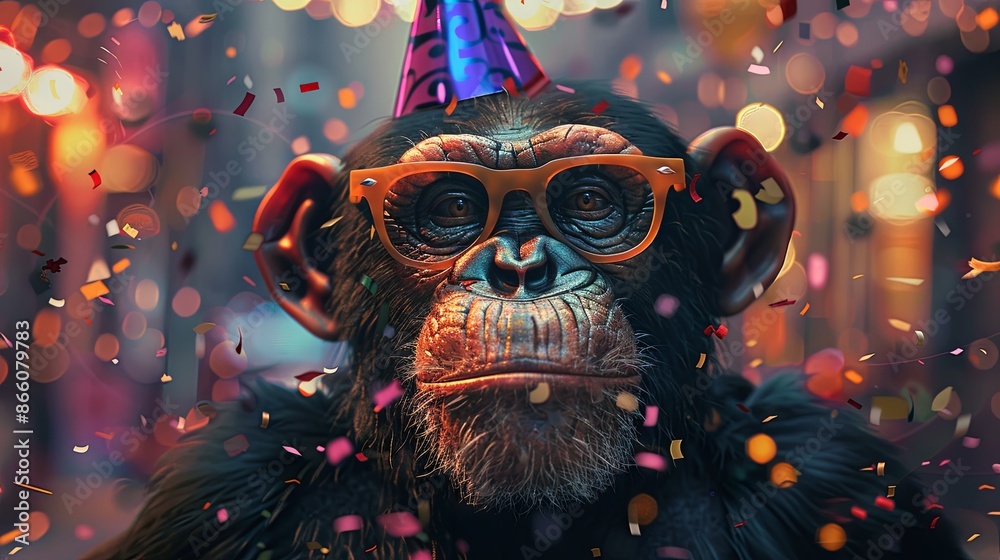 A monkey wearing a party hat and glasses, amidst blurred lights and confetti, generating a lively and celebratory ambiance A monkey wearing a party hat and glasses, amidst blurred lights and confetti, generating a lively and celebratory ambiance
