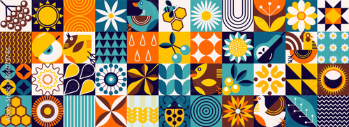 Spring scandinavian pattern. Ukrainian mosaic style.  Natural flower plants, poultry farming, crop production, agriculture. Abstraction. Vector minimal illustration	