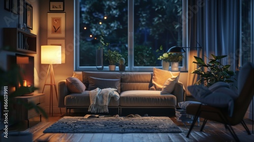 Cozy living room scene with plush gray sofa, armchair, and warm lamplight.