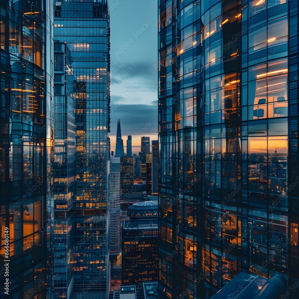 Obraz premium Towering Glass Skyscrapers Reflecting the Vibrant Cityscape at Sunset