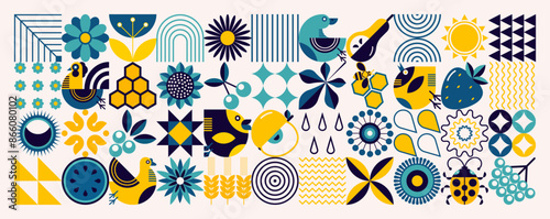 Summer pattern. Scandinavian style. Ukrainian symbols. Natural flower plants, poultry farming, crop production, agriculture. Abstraction. Vector minimal illustration	