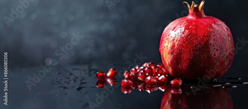 A ripe pomegranate with seeds, set against a black mirror backdrop creating an ideal space for copy space image. photo