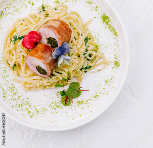 Gourmet stuffed chicken breast with spaghetti
