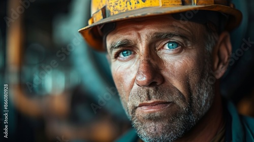 A close-up of an industrial worker's face, focused and determined, with machinery and equipment in the background, highlighting the intensity of their work.