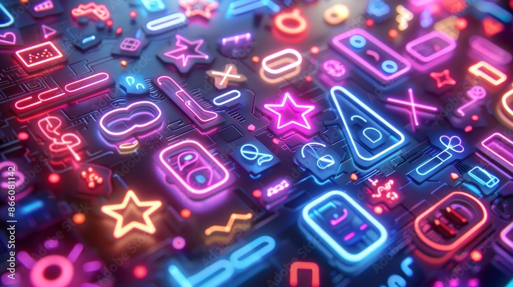 A creative composition of various neon letters and symbols arranged in a visually appealing pattern, ideal for adding a futuristic vibe to designs. A creative composition of various neon letters and symbols arranged in a visually appealing pattern, ideal for adding a futuristic vibe to designs.