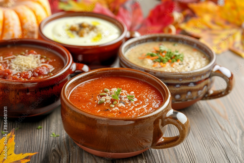 various hot soups served in rustic mugs and bowls, placed on a wooden table with autumn leaves and pumpkins in the background various hot soups served in rustic mugs and bowls, placed on a wooden table with autumn leaves and pumpkins in the background