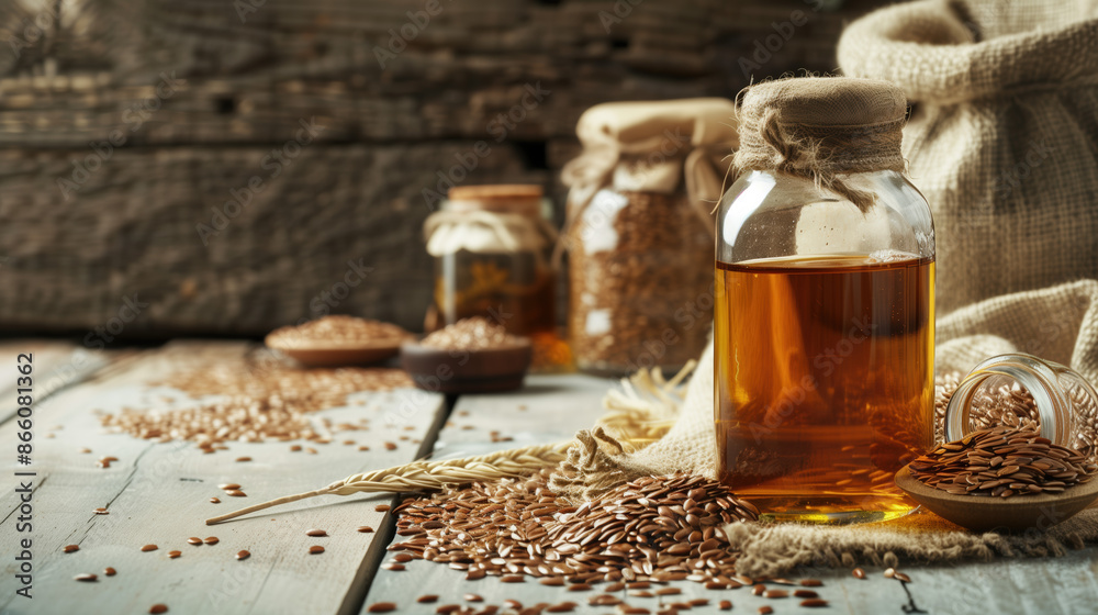 Natural Flaxseed Extract Bottle among Flaxseeds in Rustic Kitchen Environment Natural Flaxseed Extract Bottle among Flaxseeds in Rustic Kitchen Environment