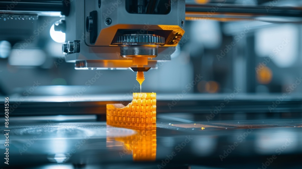 A detailed view of a 3D printer creating a complex component layer by layer, exemplifying the advancements in automation and mass production technology. A detailed view of a 3D printer creating a complex component layer by layer, exemplifying the advancements in automation and mass production technology.
