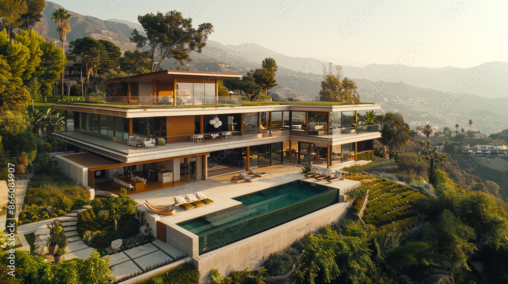 An aerial view of a modern hillside house with terraced gardens, a flat roof, and panoramic views of the surrounding landscape. An aerial view of a modern hillside house with terraced gardens, a flat roof, and panoramic views of the surrounding landscape.