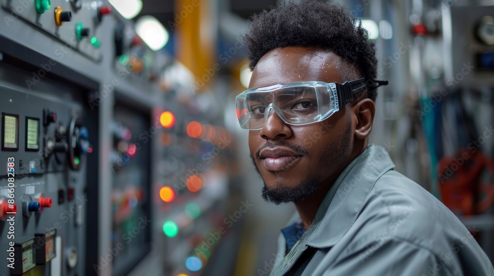 A production staff member, wearing a uniform and safety goggles, monitoring the control panel of a machine in a manufacturing plant.