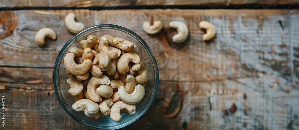Top view of a glass bowl filled with raw cashew nuts displayed on a wooden table, creating a serene copy space image. Top view of a glass bowl filled with raw cashew nuts displayed on a wooden table, creating a serene copy space image.