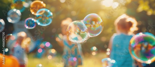 An impressive multi-colored soap bubble creates wonder at a cheerful children's summer party, offering a magical and joyful moment with plenty of copy space image. photo