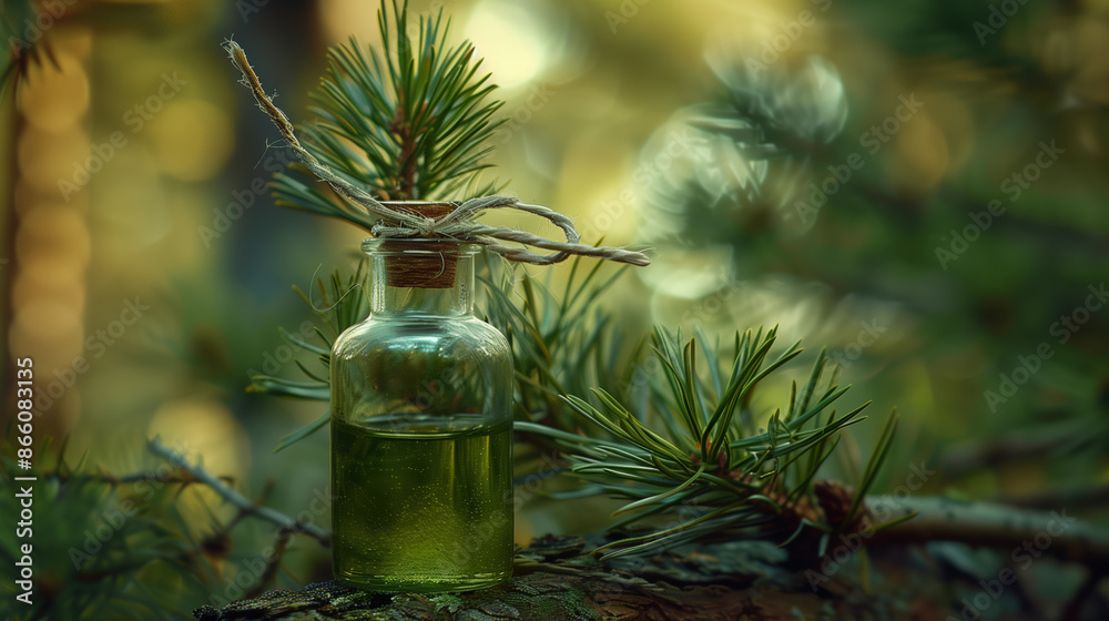 Close-up of Fresh Pine Needles Extract in Container, Winter Forest Herbal Essence Close-up of Fresh Pine Needles Extract in Container, Winter Forest Herbal Essence