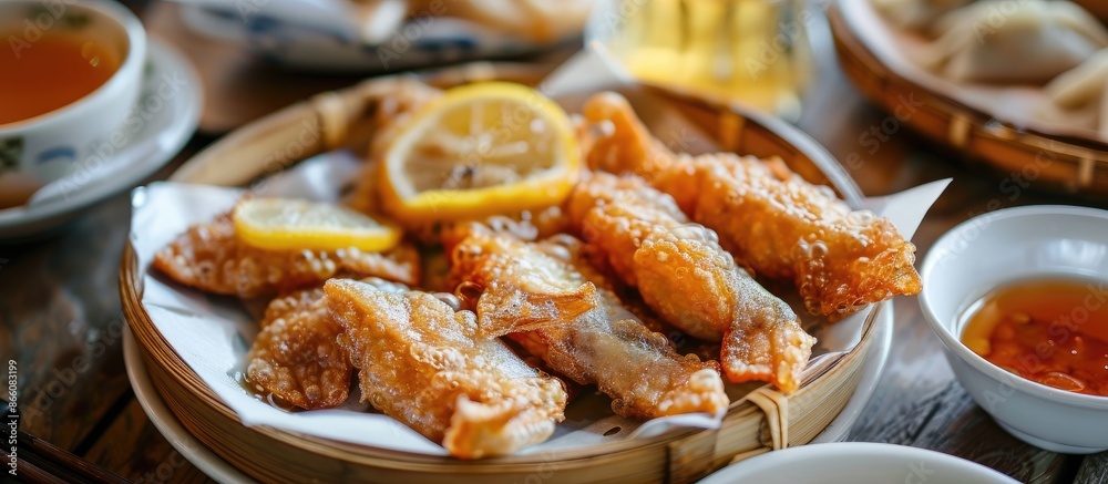 Close-up of fried fish and dumplings served with lemon, sauce, and tea in a Hong Kong yumcha restaurant, showcasing a famous Cantonese dish, with a delectable copy space image. Close-up of fried fish and dumplings served with lemon, sauce, and tea in a Hong Kong yumcha restaurant, showcasing a famous Cantonese dish, with a delectable copy space image.
