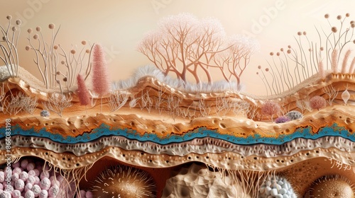 Anatomy of human skin with layers labeled and detailed structures such as hair roots, sebaceous glands, and collagen fibers.