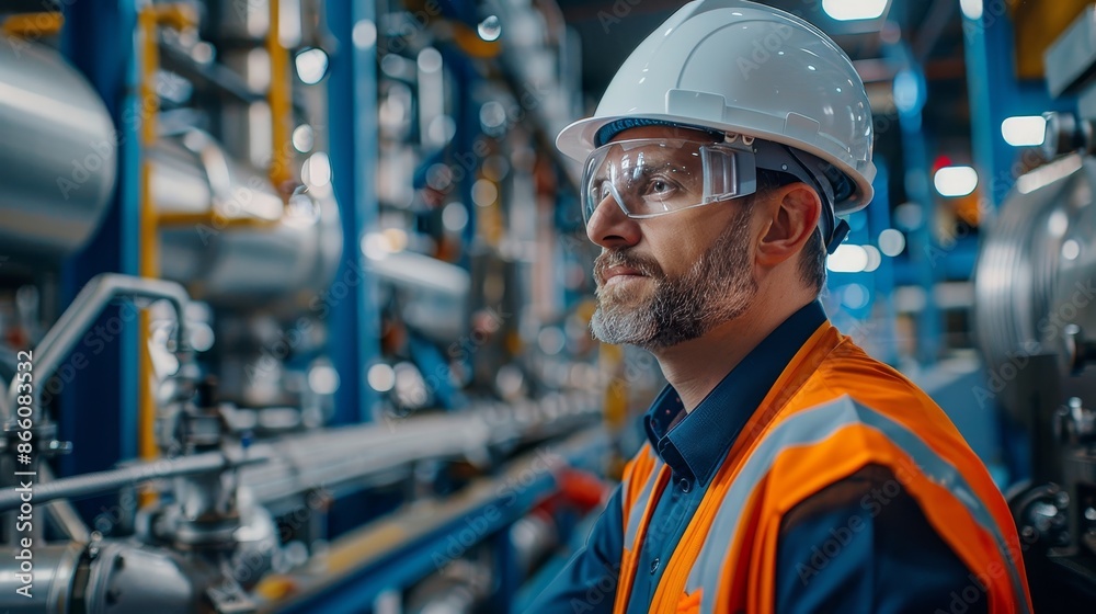 An engineer wearing a hard hat and safety vest inspecting machinery on the factory floor, checking for any signs of wear or damage. An engineer wearing a hard hat and safety vest inspecting machinery on the factory floor, checking for any signs of wear or damage.