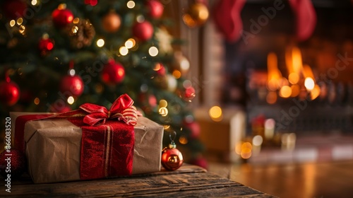 Christmas tree and holidays present on fireplace background