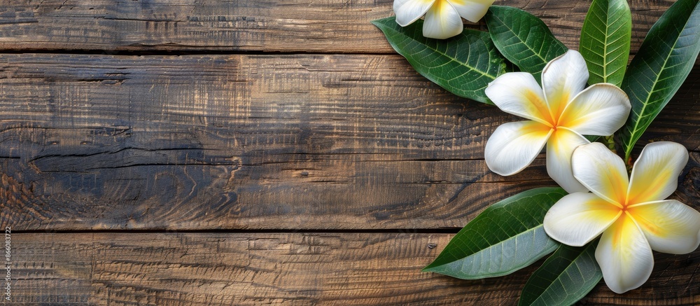 Frangipani flower on a wooden backdrop with copy space image. Frangipani flower on a wooden backdrop with copy space image.
