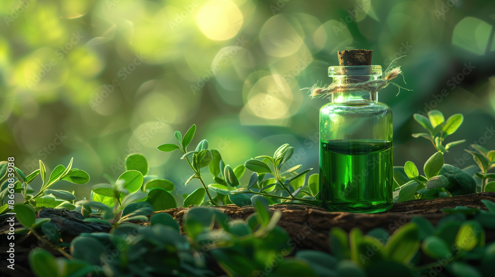 Wintergreen Extract Bottle with Fresh Leaves in Cool Winter Landscape Wintergreen Extract Bottle with Fresh Leaves in Cool Winter Landscape