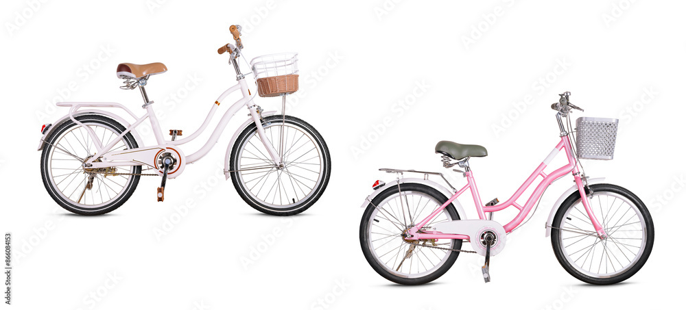 Naklejka premium Pink and white retro bicycles with basket isolated on white