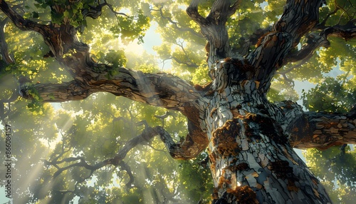 Grid and equity, worms-eye view of a majestic ancient oak tree, sunlight filtering through the leaves, photorealistic digital painting, rich textures and vibrant greens, focus on intricate bark detail photo
