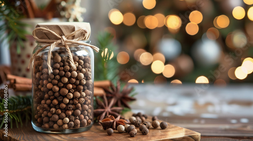 Seasonal Cooking Ingredient: Allspice Extract Bottle and Berries in Festive Kitchen Setting
