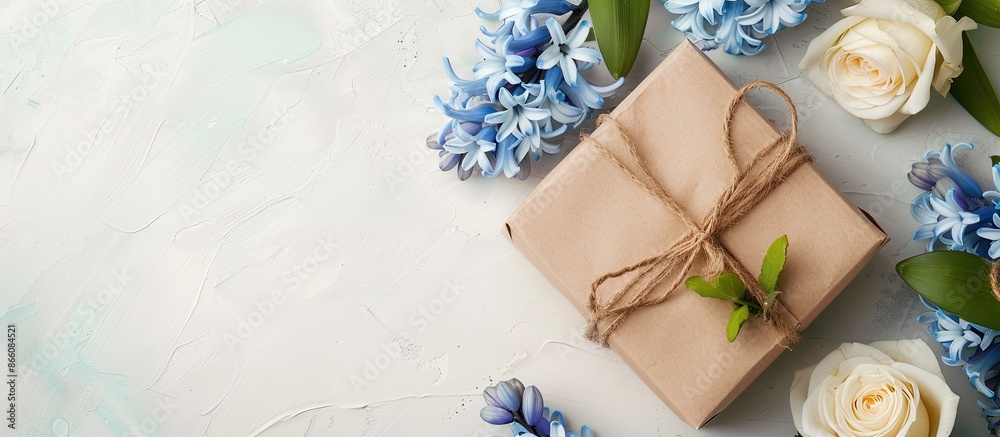 Craft paper-wrapped gift box with blue hyacinth flowers and white roses on a white table in a flat lay composition, allowing space for text in the image. Copy space image Craft paper-wrapped gift box with blue hyacinth flowers and white roses on a white table in a flat lay composition, allowing space for text in the image. Copy space image