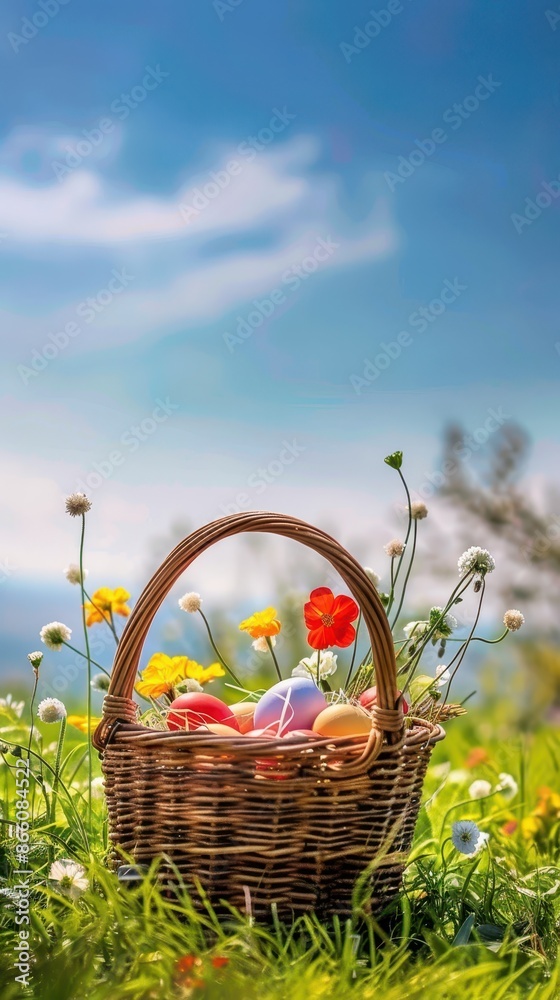 Easter eggs in a basket surrounded by wildflowers Easter eggs in a basket surrounded by wildflowers