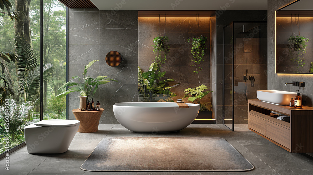 Fototapeta premium Ultra-small bathroom, minimalist Italian design style, natural stone textures, wet and dry separation, smart toilet, solid wood bathroom cabinet, black color theme. 