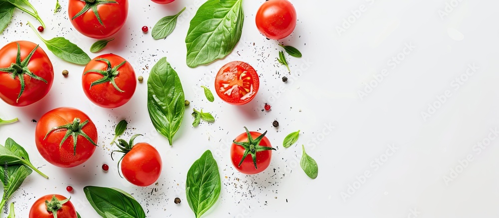 Fresh tomatoes with vibrant green leaves, creating a visually appealing copy space image on a white background. Fresh tomatoes with vibrant green leaves, creating a visually appealing copy space image on a white background.