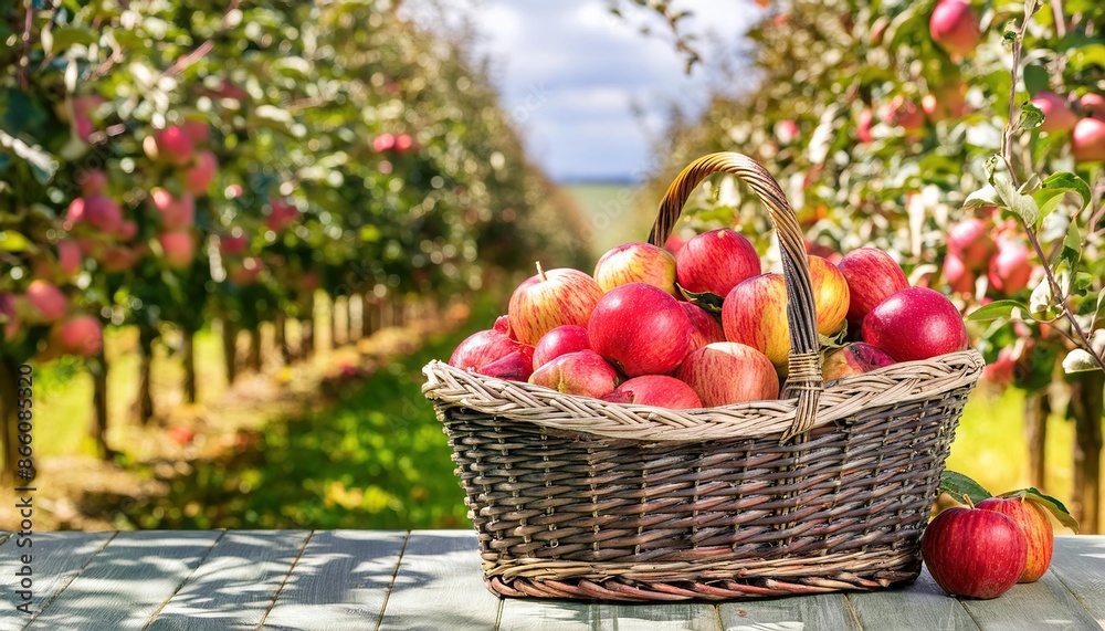 A basket of freshly picked apples in an orchard A basket of freshly picked apples in an orchard