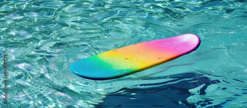 A vibrant boogie kick board floats in the pool, surrounded by a generous amount of copy space image available. photo