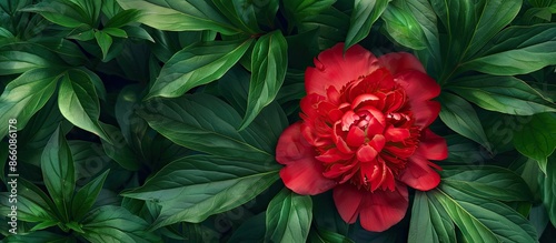 Top view of a red peony in bloom amidst lush greenery, ideal for a postcard design featuring copy space and perfect for occasions like Mother's Day and Women's Day in the vibrant spring garden