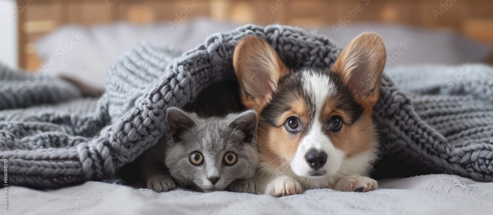 A charming Pembroke Welsh Corgi puppy and a gray kitten snuggle under a cozy blanket on a bed at home, gazing towards a copy space image. A charming Pembroke Welsh Corgi puppy and a gray kitten snuggle under a cozy blanket on a bed at home, gazing towards a copy space image.