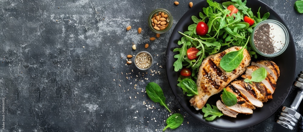 A studio top view shot of a table set with chicken breast, salad, yogurt, chia seeds, porridge, and dumbbells, featuring a blank copy space image. A studio top view shot of a table set with chicken breast, salad, yogurt, chia seeds, porridge, and dumbbells, featuring a blank copy space image.