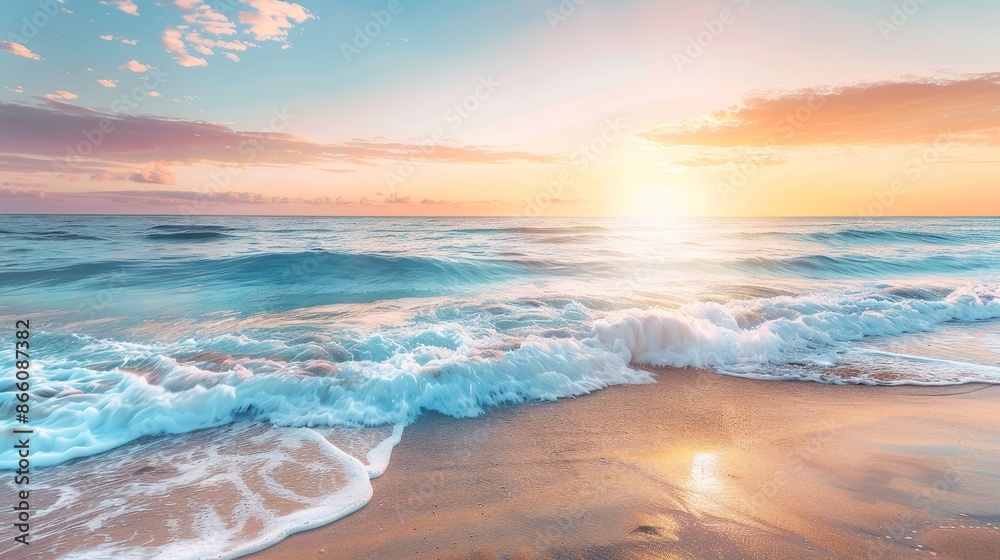 Fototapeta premium Serene beach scene at sunset, showcasing vibrant ocean hues and tranquil waves. Sandy shores and a picturesque horizon create a breathtaking coastal vista.