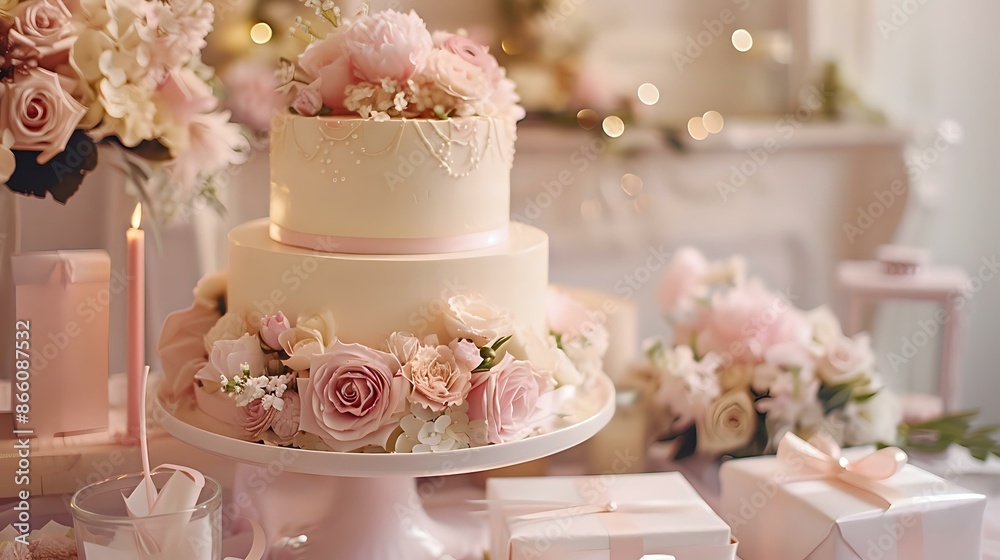 Elegant two-tiered wedding cake decorated with pink roses and white hydrangeas Elegant two-tiered wedding cake decorated with pink roses and white hydrangeas