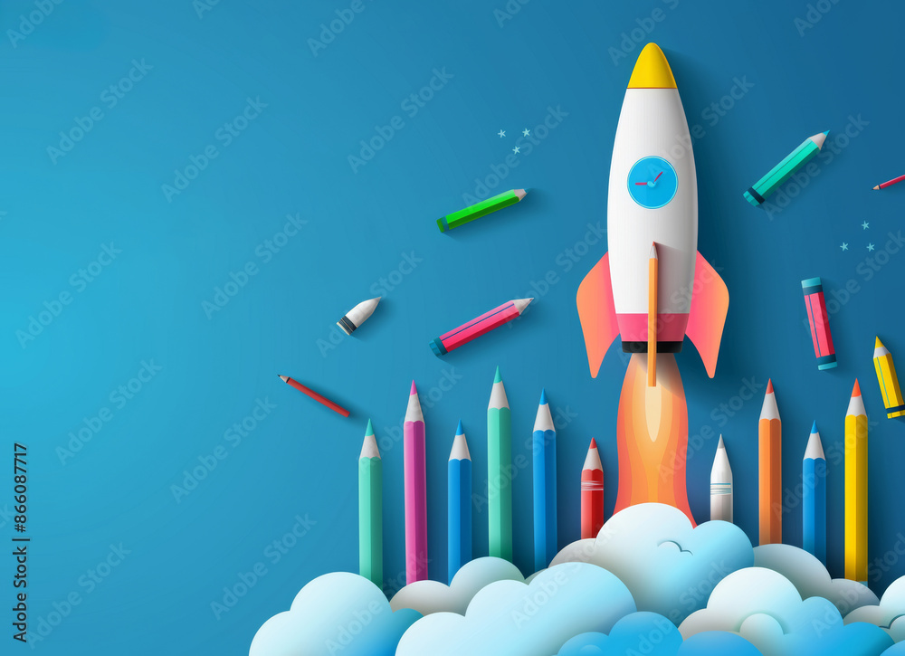 3D Cartoon Rocket with School Supplies and Back to School Text 3D Cartoon Rocket with School Supplies and Back to School Text