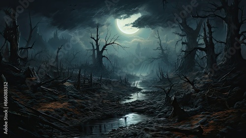 moonlight landscape in horror Halloween woods