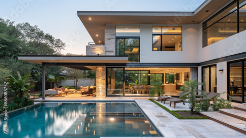 A rear view of a modern home with a spacious backyard featuring a swimming pool  outdoor dining area with a pergola  and a minimalist garden with clean lines.