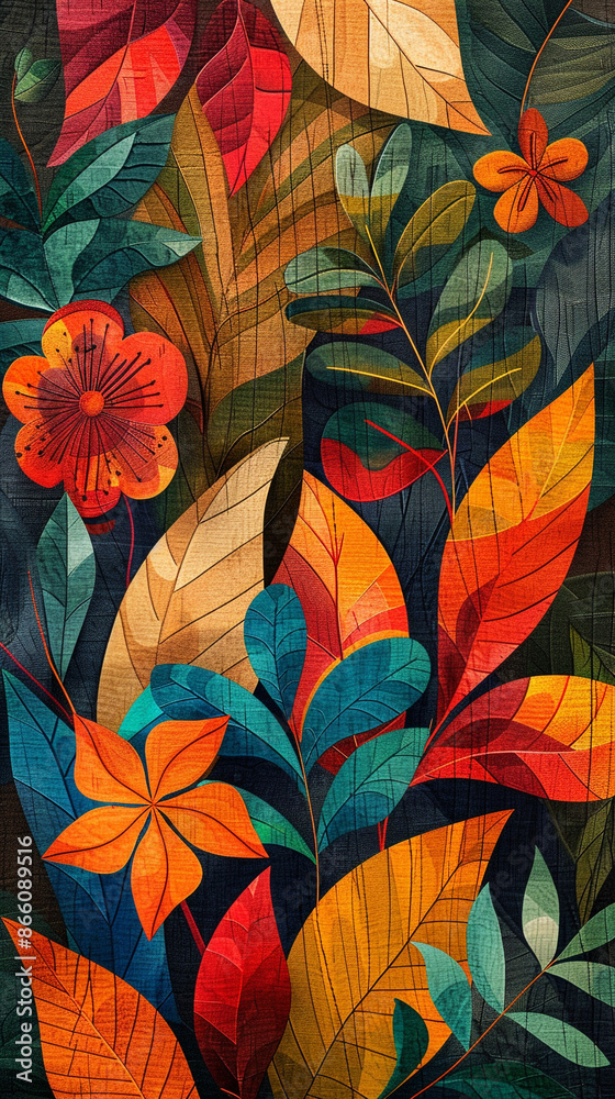 Abstract floral patterns in a tribal art style, with bold lines and intricate patterns, in earthy tones of brown, orange, and green, on a backdrop of textured canvas. Abstract floral patterns in a tribal art style, with bold lines and intricate patterns, in earthy tones of brown, orange, and green, on a backdrop of textured canvas.