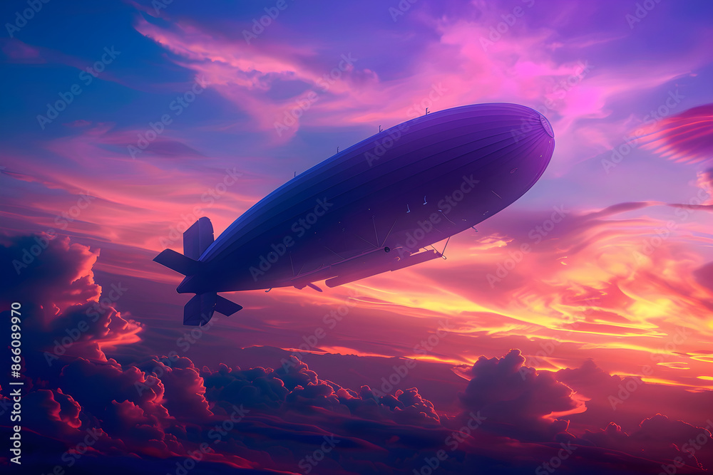 Twilight Drift: Zeppelin Silhouette Floating Against Ethereal Evening Clouds Twilight Drift: Zeppelin Silhouette Floating Against Ethereal Evening Clouds