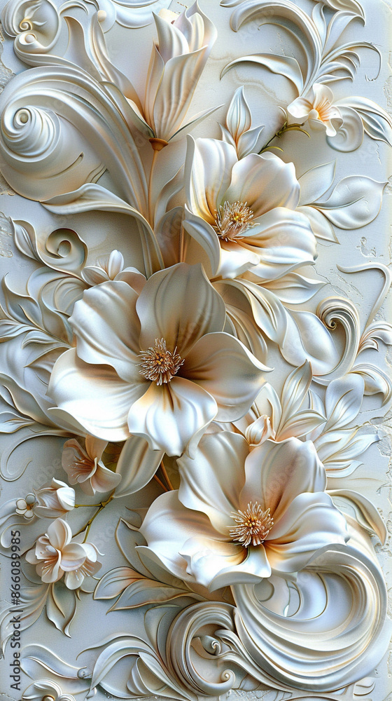 Art nouveau-inspired jasmine flowers in shades of white and cream, with sinuous lines and ornate details, against a backdrop of swirling patterns and decorative motifs. Art nouveau-inspired jasmine flowers in shades of white and cream, with sinuous lines and ornate details, against a backdrop of swirling patterns and decorative motifs.