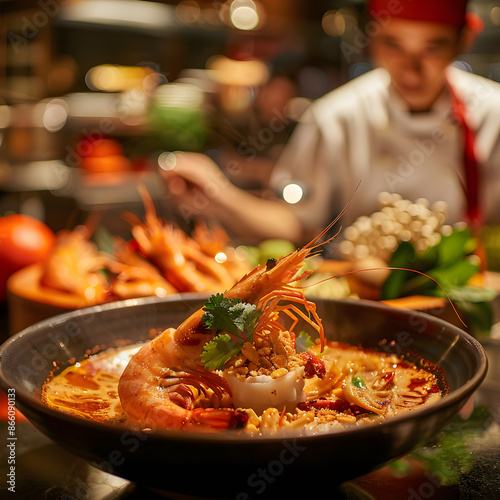 Wallpaper Mural The chef is cooking.visually captivating showcase of a meticulously crafted Tom Yum Goong, large shrimp dish. Torontodigital.ca