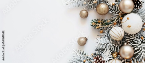 A Christmas wreath adorned with white and golden baubles against a plain background for winter holidays, ideal as a copy space image.