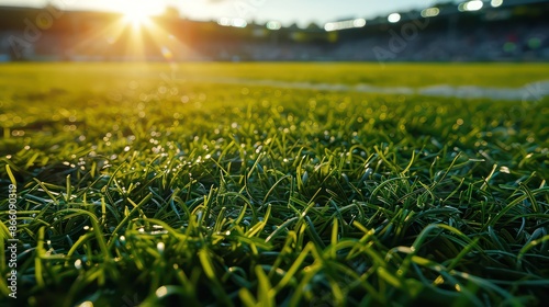 Perfectly Manicured Grass Field in Sunlit Stadium, The Essence of Professional Sports Grounds