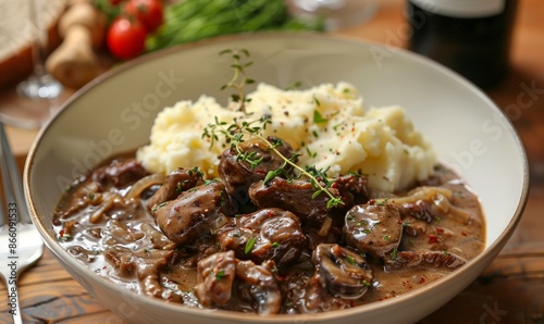 Beef Stroganoff with mashed potatoes and wine photo