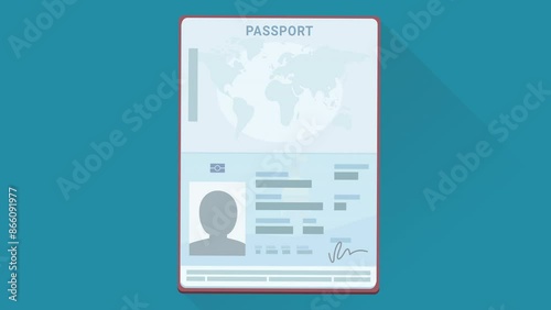 Animation of a hand presenting an open passport in the middle of the screen on blue background with long shadow (flat design)